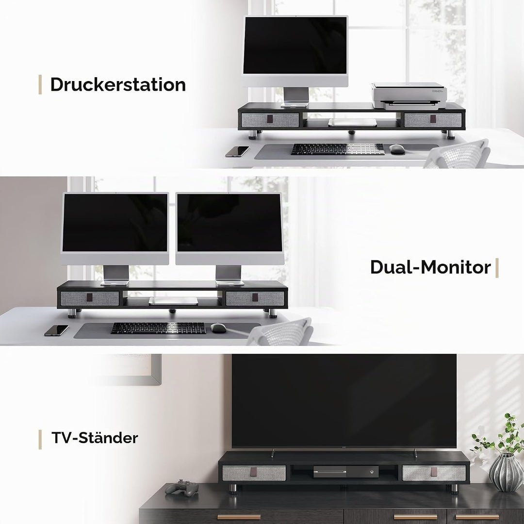 Fenge Dual Monitorständer mit 2 Schublade Grosser Bildschirmständer für PC Laptop TV, Höhenverstellb