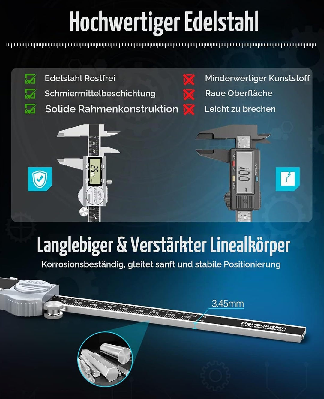 Housolution Messschieber Digital, Elektronische Schieblehre mit ABS-Funktion, 6-Zoll IP54 Wasserdich