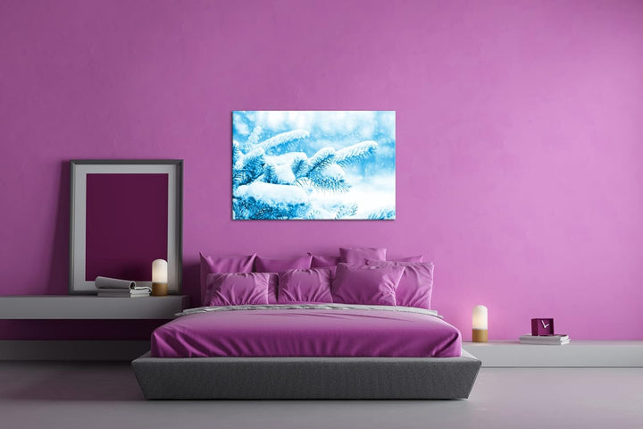 deyoli Kiefernzweige im Winter Format 80x60 Effekt: Monocrome Blau als Leinwandbild, Motiv fertig ge