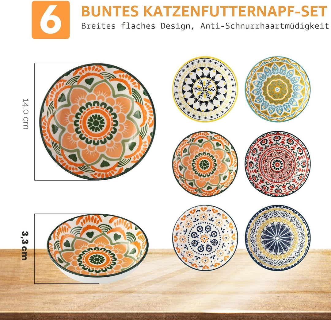6 Stück Katzennapf, Keramik, 14 x 3.5 cm Futternapf für Katzen, bunte Napfset, Wasser- und Futternap