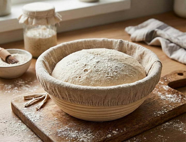 Gärkörbchen rund 23 cm aus Rattan mit Leinentuch – Brotgärkorb Banneton für Sauerteig & Hefeteig – p