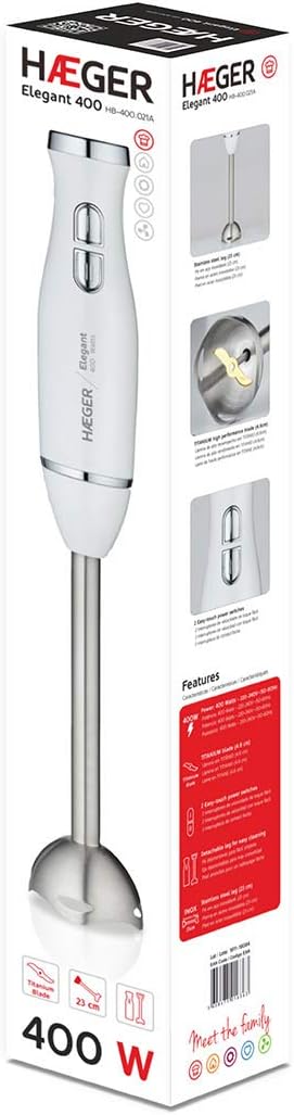 HAEGER Eleganter Stabmixer, 400 W, 2 Schalter für einfache und sanfte Berührung, ergonomischer Griff