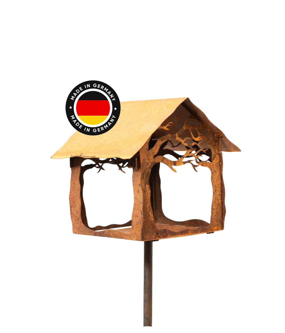 Vogelhaus Woodland auf Stab (20x20x25) - wetterfest - charmantes Rostdesign - Flexibel mit Fenstern