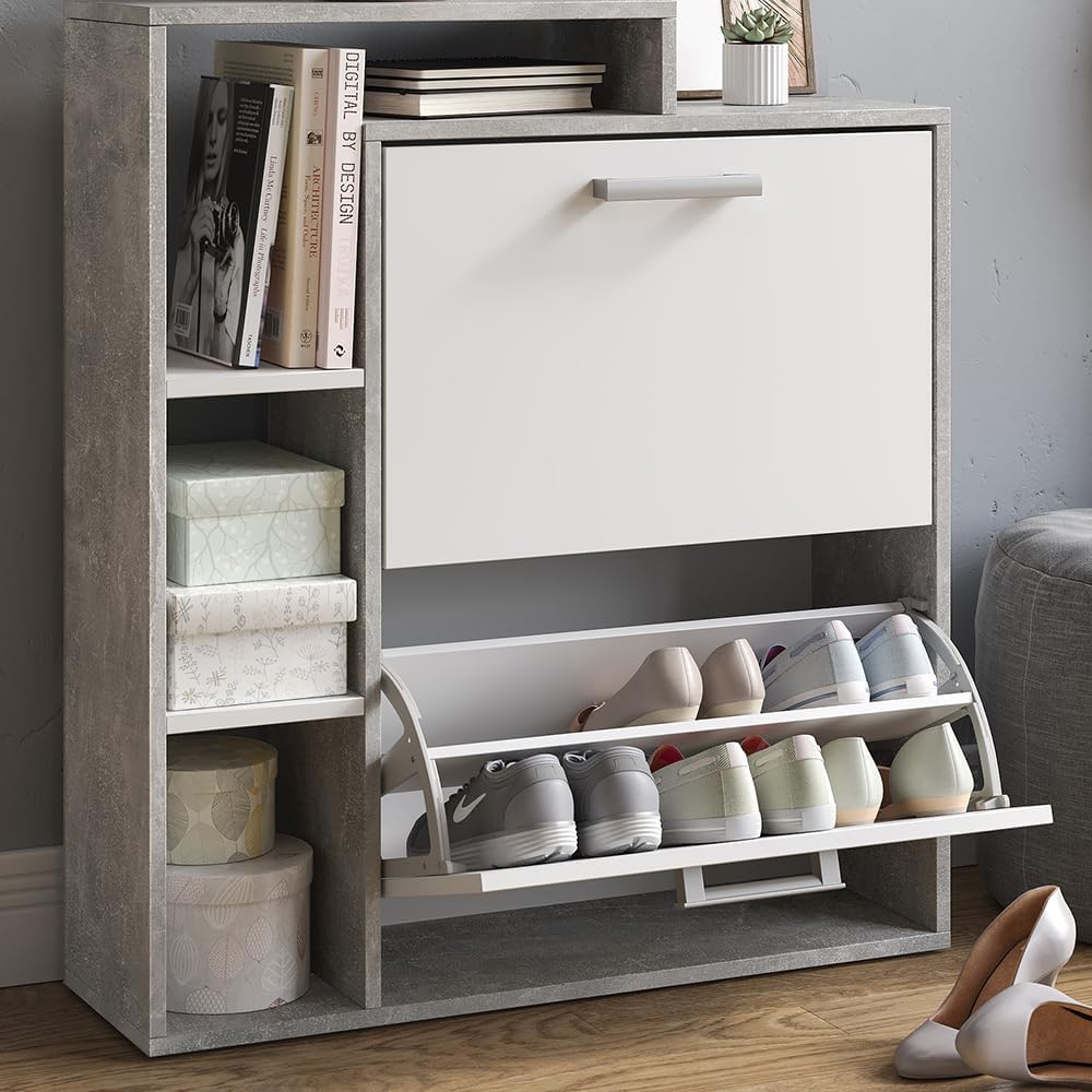 Vicco Schuhkipper Orlando, Schuhregal, Beton, 24.5 x 90 cm Weiss/Beton 2 Fächern, Weiß/Beton 2