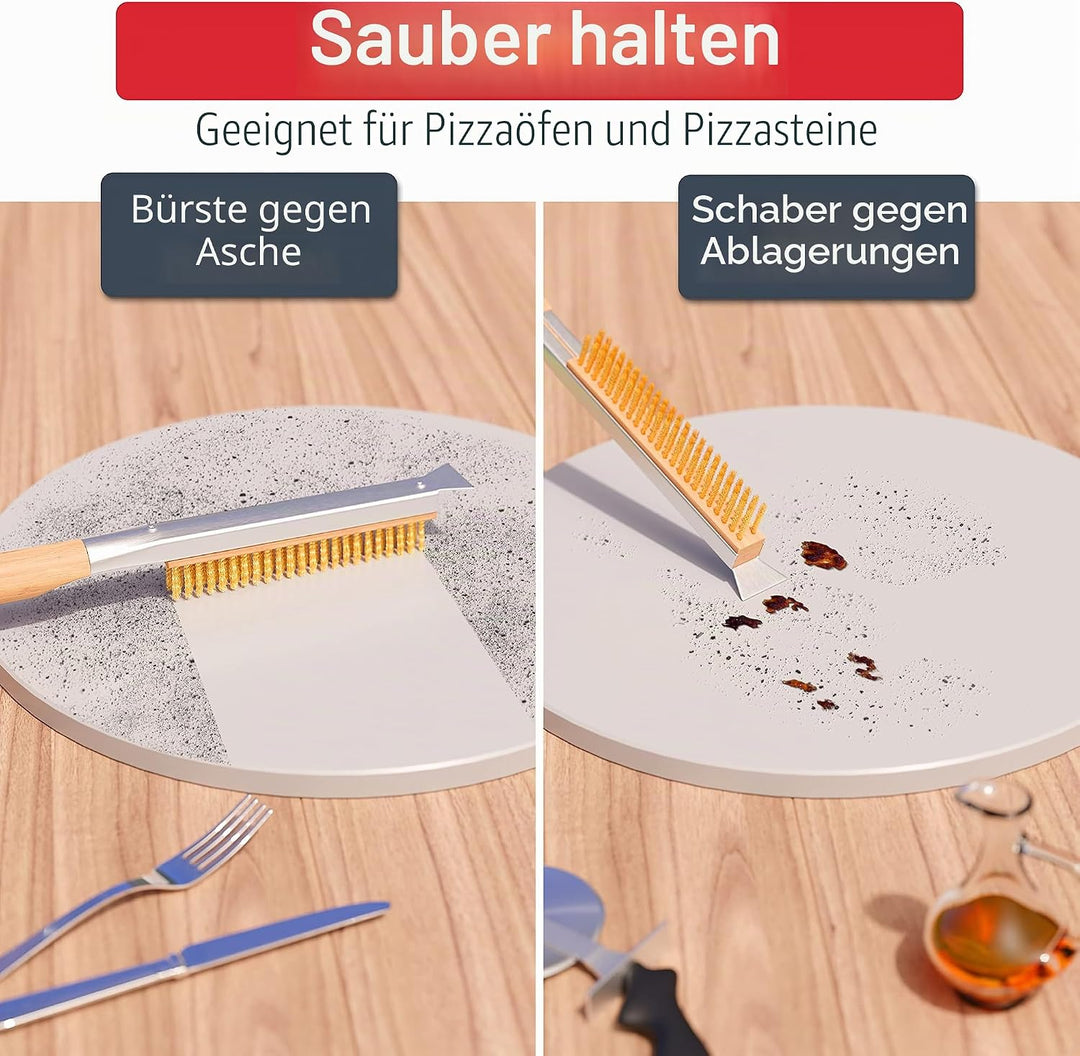 Pizzaofenbürste 55 cm mit Schaber – Reinigungsbürste mit Edelstahlborsten für Pizzaofen & Pizzastein