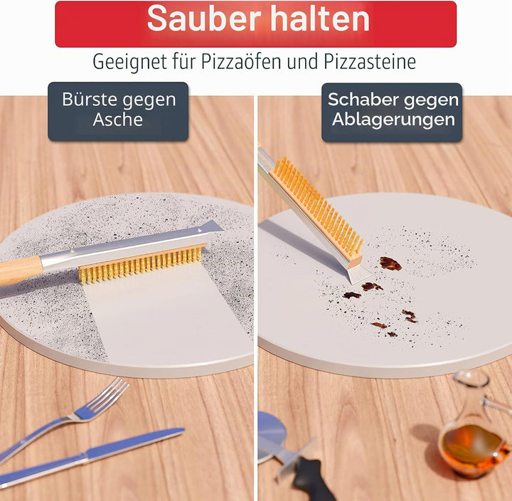 Pizzaofenbürste 55 cm mit Schaber – Reinigungsbürste mit Edelstahlborsten für Pizzaofen & Pizzastein