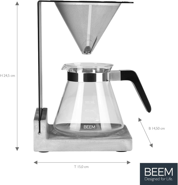 BEEM POUR OVER Kaffeebereiter Set - 4 Tassen | Edelstahl-Permanentfilter (Grösse 2), 0,5 l Glaskanne