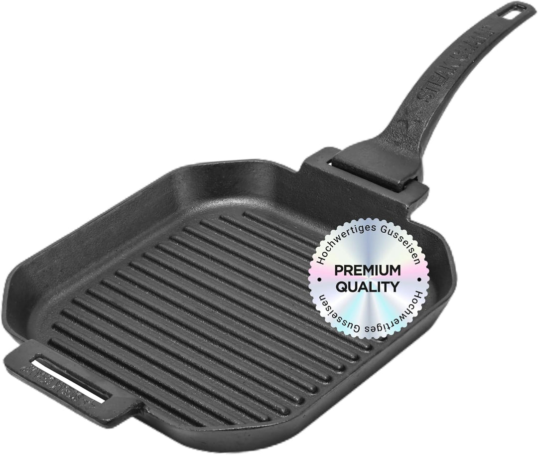 STEAK CHAMP Gusseisen Grillpfanne - Grillpfanne aus Gusseisen 26cm (quadratisch) mit abnehmbaren Gri