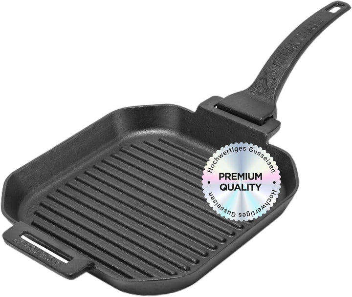 STEAK CHAMP Gusseisen Grillpfanne - Grillpfanne aus Gusseisen 26cm (quadratisch) mit abnehmbaren Gri