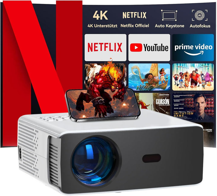 Smart 4K Beamer【 Integrierte Apps & Autofocus und Keystone】 Heimprojektor,Full HD 1080P Beamer mit 5