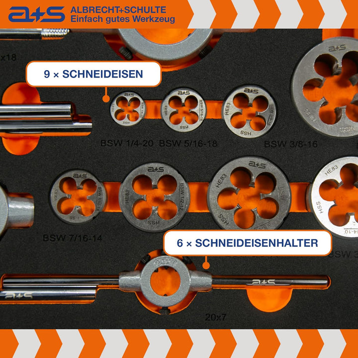 a+s BSW Gewindeschneider Set | HSS-G, 1/4"-1'', 46-teilig | Zoll Gewindebohrer & Schneideisen | Komp