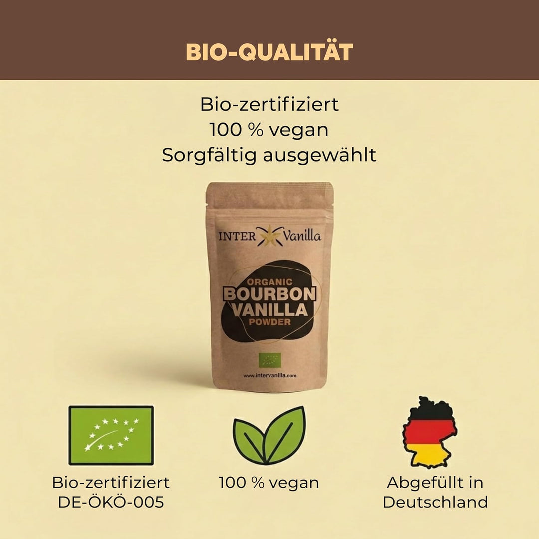 InterVanilla BIO Bourbon Vanillepulver, 50g Bourbon Vanille Pulver gemahlen. Vanilla Powder aus Mada