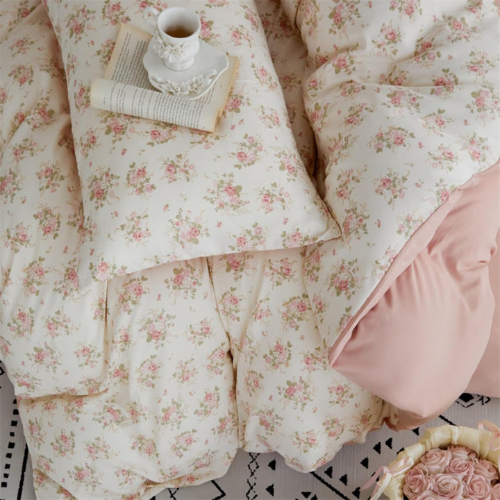 Freyamy Blumen Bettwäsche 135x200cm 2teilig Beige Rosa Grün Floral Mädchen Bettwaren-Sets Microfaser