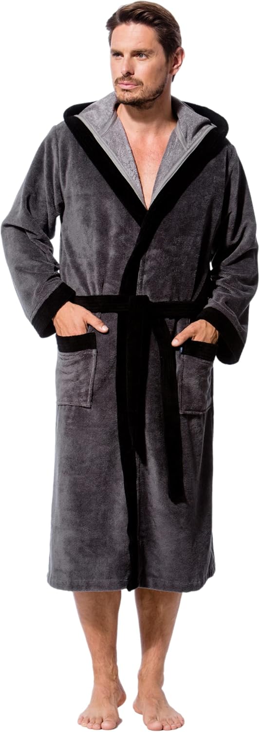 Morgenstern Bademantel Herren mit Kapuze Luxus Frottee Velours Lang XL Anthrazit, XL Anthrazit