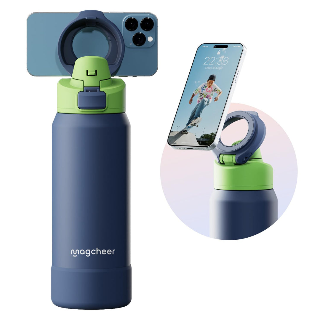 Magcheer Trinkflasche mit Handyhalterung 750ml Magnetische Wasserflasche 360° Verstellbar Flasche Ma