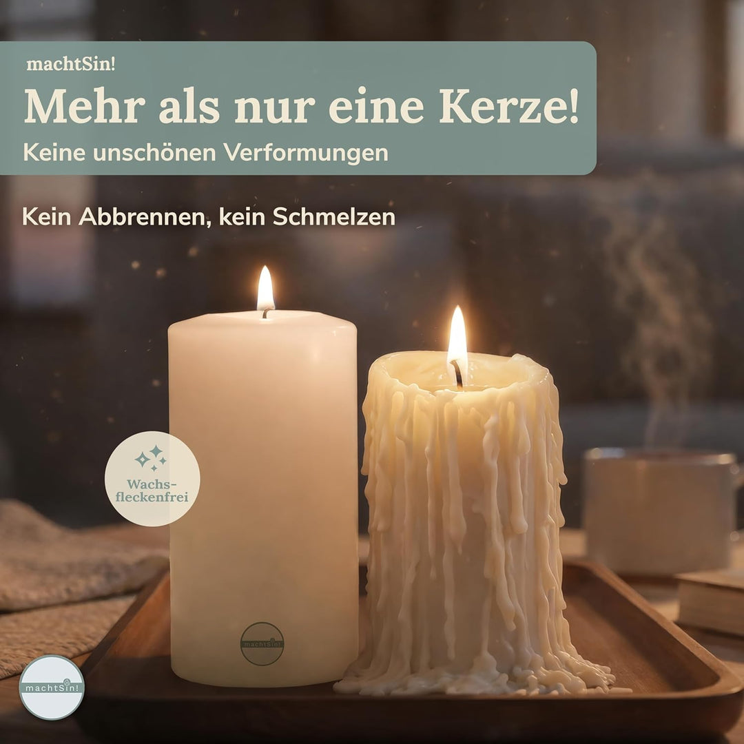 machtSin! Teelichthalter in Kerzenoptik warmweiss – ∅ 8cm, Höhe 9cm: Dauerkerze Stumpenkerzen aus sp