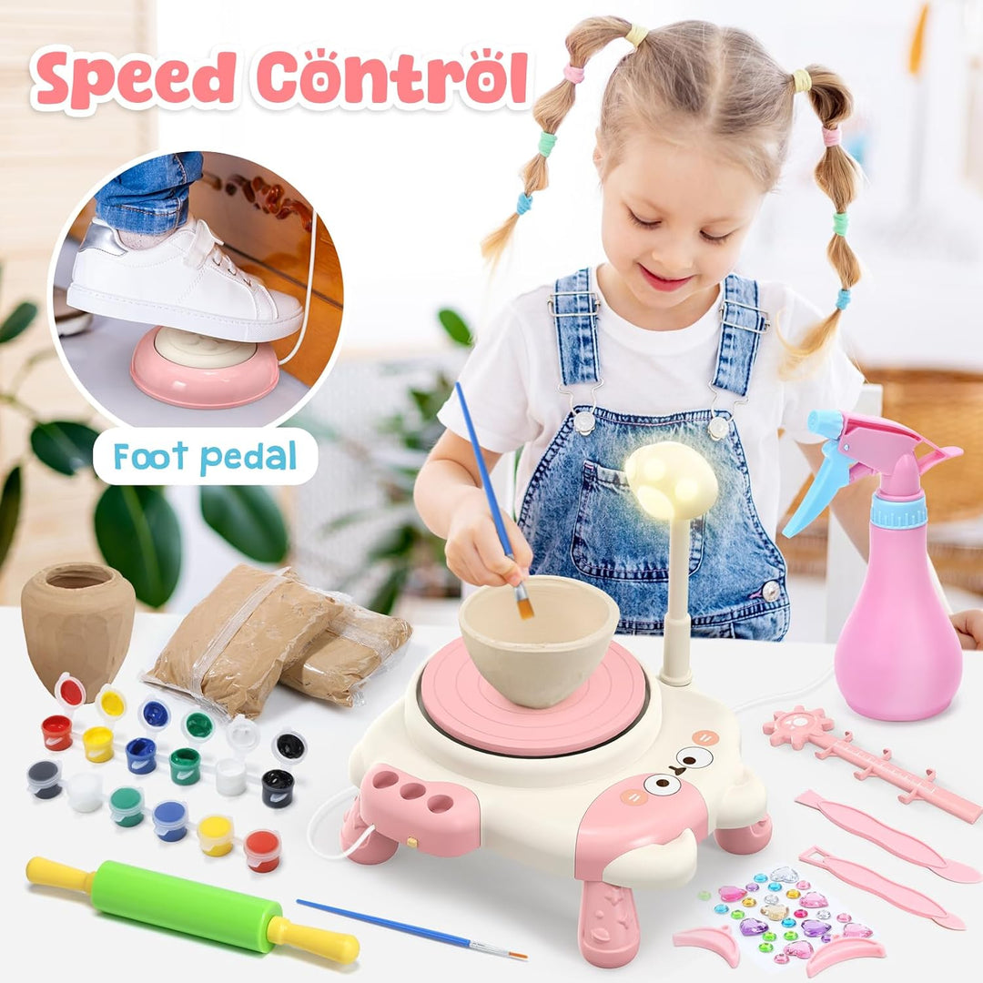 Skirfy Elektrische Töpferscheibe für Kinder, Keramik-Töpferset mit Licht und Malset, einstellbare Ge