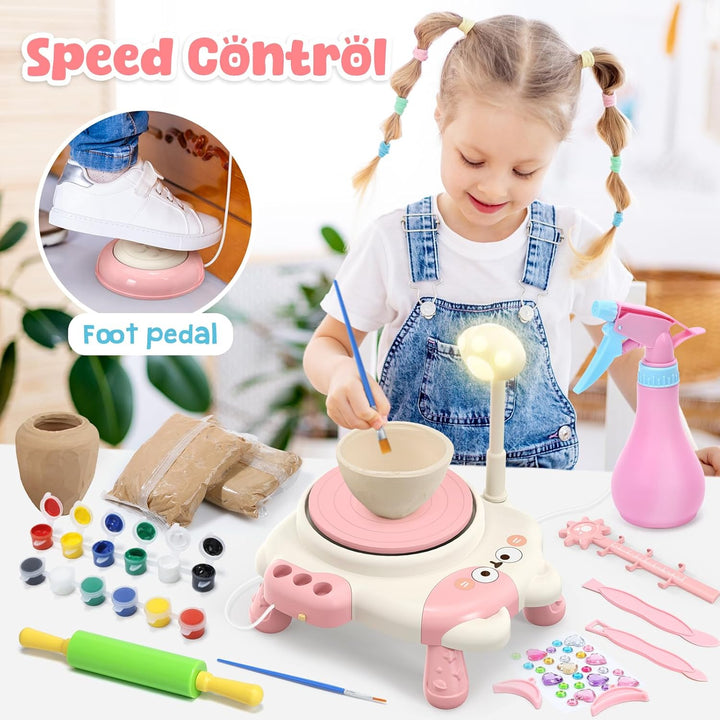 Skirfy Elektrische Töpferscheibe für Kinder, Keramik-Töpferset mit Licht und Malset, einstellbare Ge