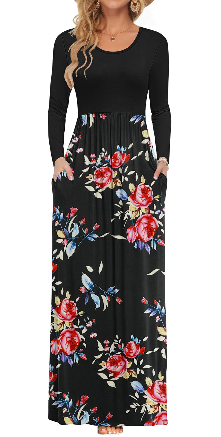 AUSELILY Damen Langarm Maxikleider Lässige Langkleider mit Taschen Winter, Rose Schwarz