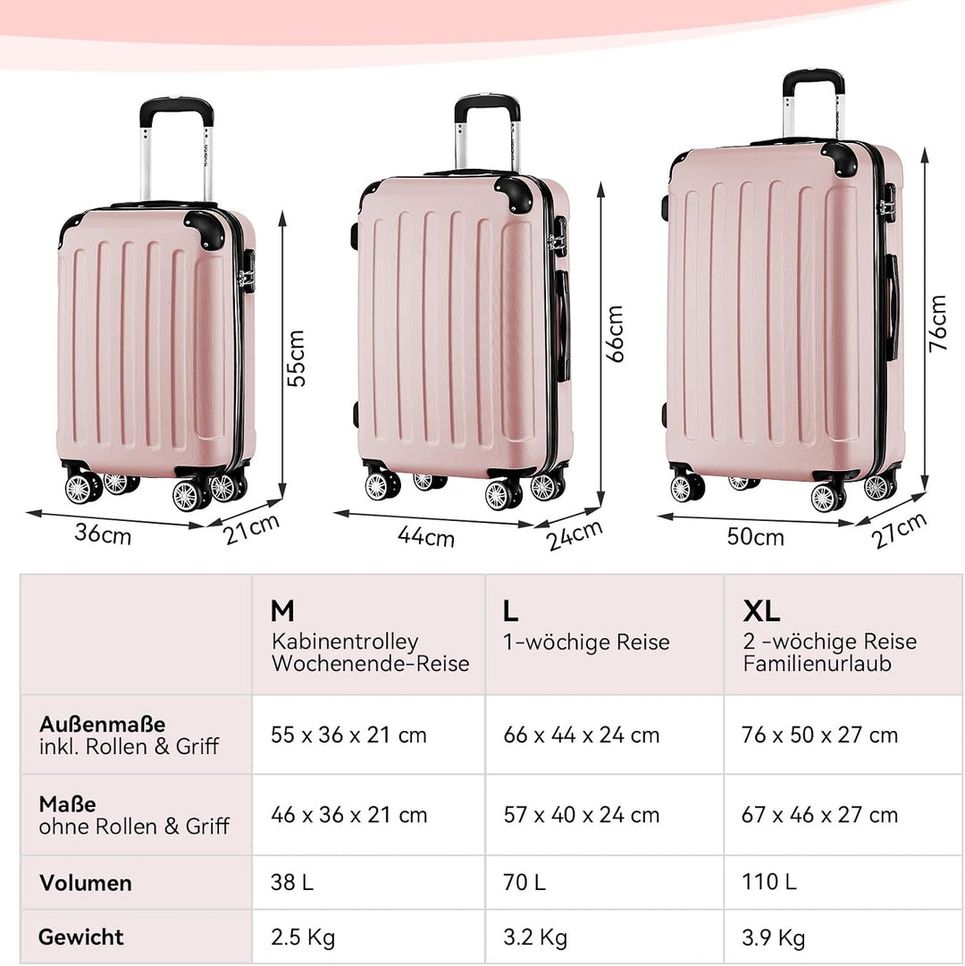 BEIBYE Hartschalen-Koffer Trolley Rollkoffer Reisekoffer Handgepäck 4 Rollen (M-L-XL-Set) (Rosa Gold