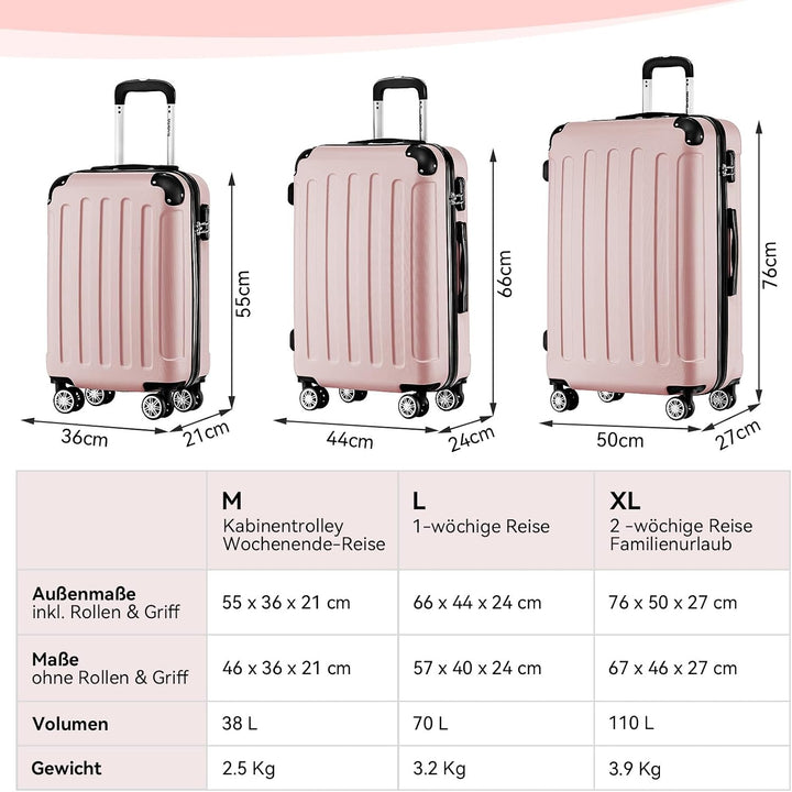BEIBYE Hartschalen-Koffer Trolley Rollkoffer Reisekoffer Handgepäck 4 Rollen (M-L-XL-Set) (Rosa Gold
