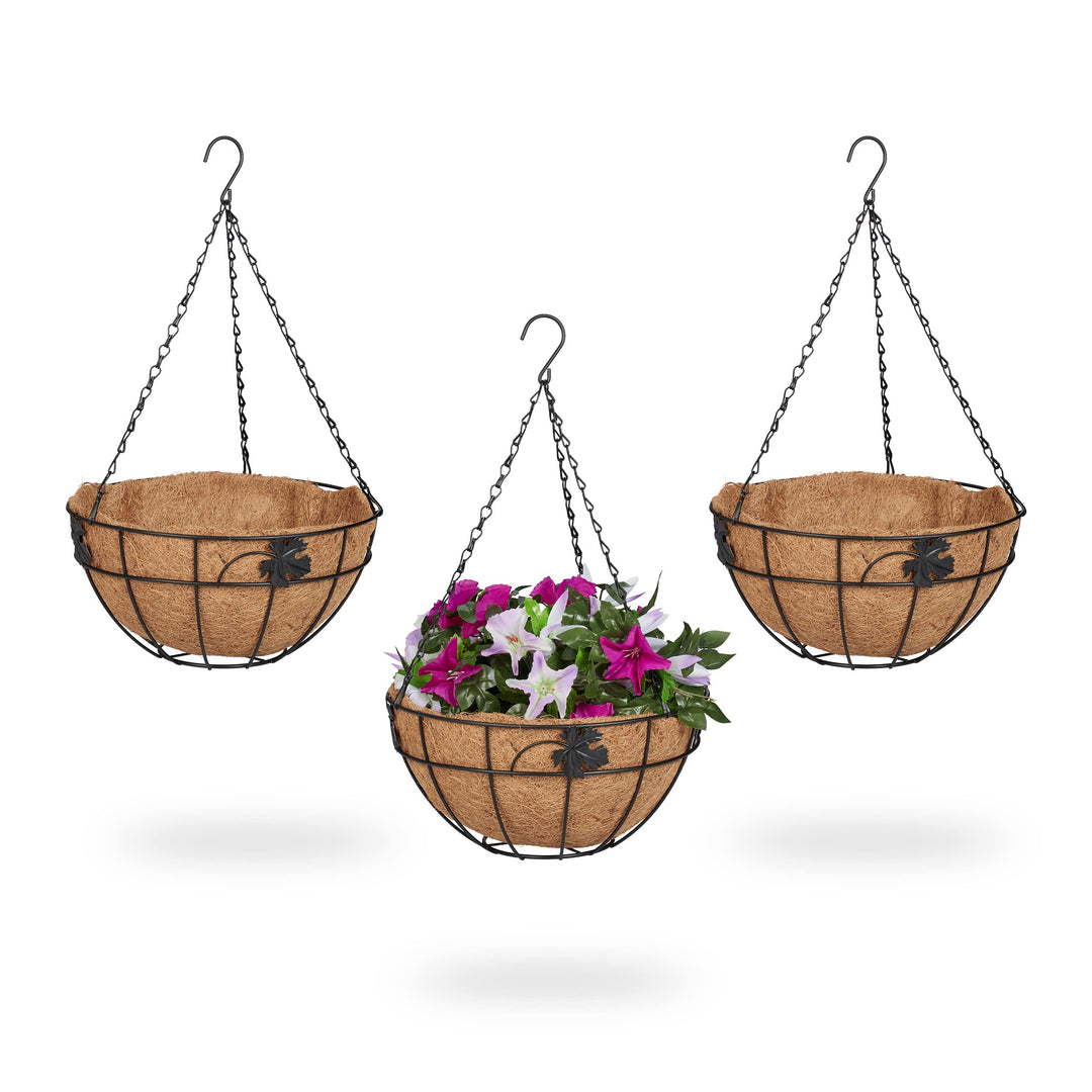 Relaxdays Blumenampel 3er Set, Metallkorb & Kokoseinlage, H x D: 48 x 31 cm, Hängepflanzen, innen &