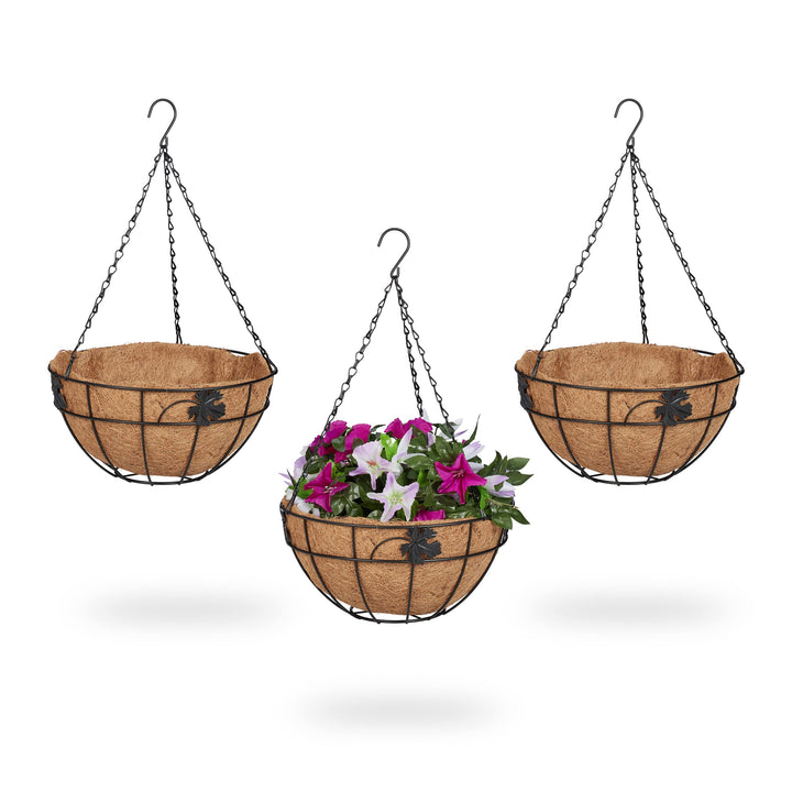 Relaxdays Blumenampel 3er Set, Metallkorb & Kokoseinlage, H x D: 48 x 31 cm, Hängepflanzen, innen &