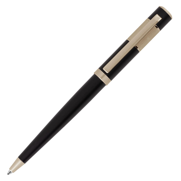 Hugo Boss Kugelschreiber Ribbon Vivid Black Schwarz Goldakzente Aluminium Messing, Länge: 13,8 cm, H