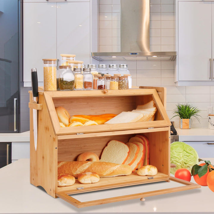 Leader Accessories Bambus Brotkasten 2 Etagen Brotbehälter mit Brotschneidebrett lebensmittelecht Br