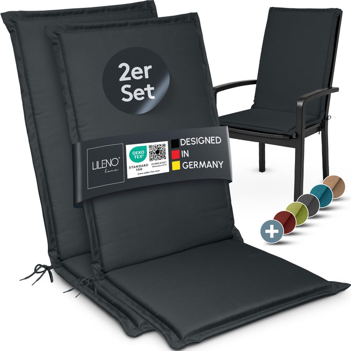 LILENO HOME Gartenstuhl Auflagen [2er Set - Hochlehner] in Anthrazit - Bequeme Liegen als Sitzauflag