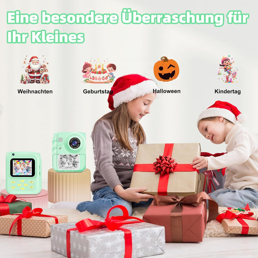 Sofortbildkamera Kinder, 1080P Digitalkamera mit 3 Druckrollen, 32GB Karte & Hülle, Kinderkamera mit