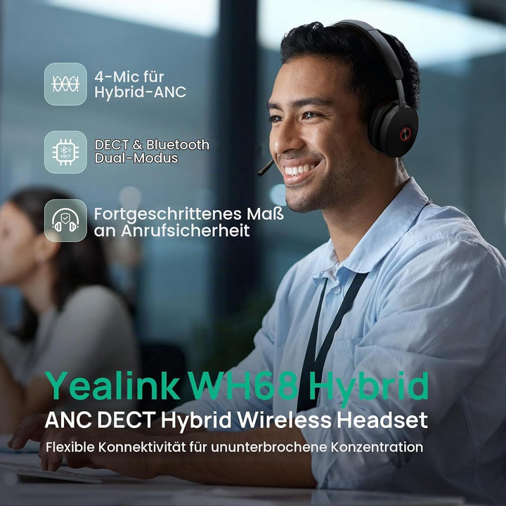Yealink WH68 Hybrid ANC DECT &amp; Bluetooth Kabelloses Headset mit Mikrofon, Büro-Headset mit DECT-Dong