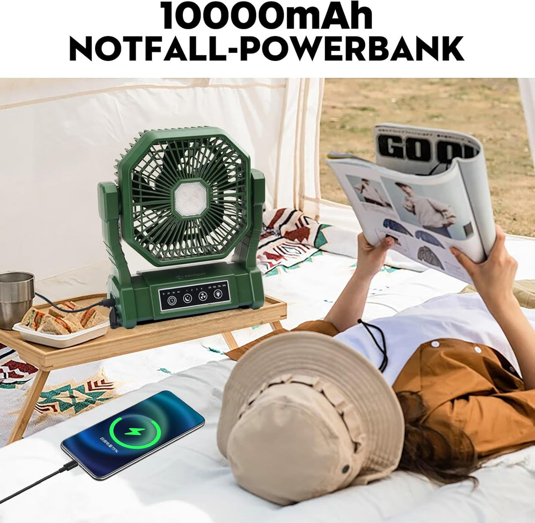 Multper Campingventilator mit LED-Licht, 10000 mAh Wiederaufladbarer Outdoor Zeltventilator mit Hake