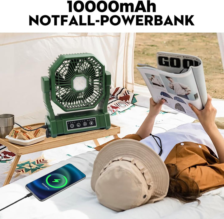 Multper Campingventilator mit LED-Licht, 10000 mAh Wiederaufladbarer Outdoor Zeltventilator mit Hake