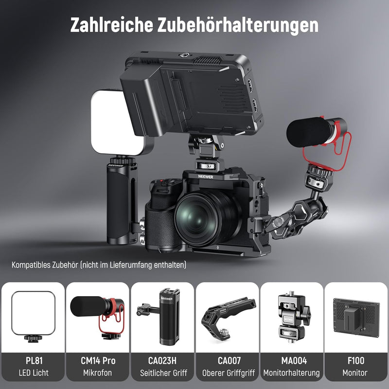 Neewer X-S20 Kamerakäfig Vollständig zugängliches Metall Video Rig mit Griff, NATO Schiene, 3/8" ARR