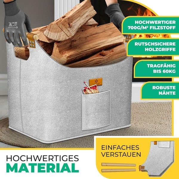 KESSER® Brennholzkorb XXL 90 Liter | Kaminholztasche extra dicker Filz | Feuerholzkorb faltbar mit v
