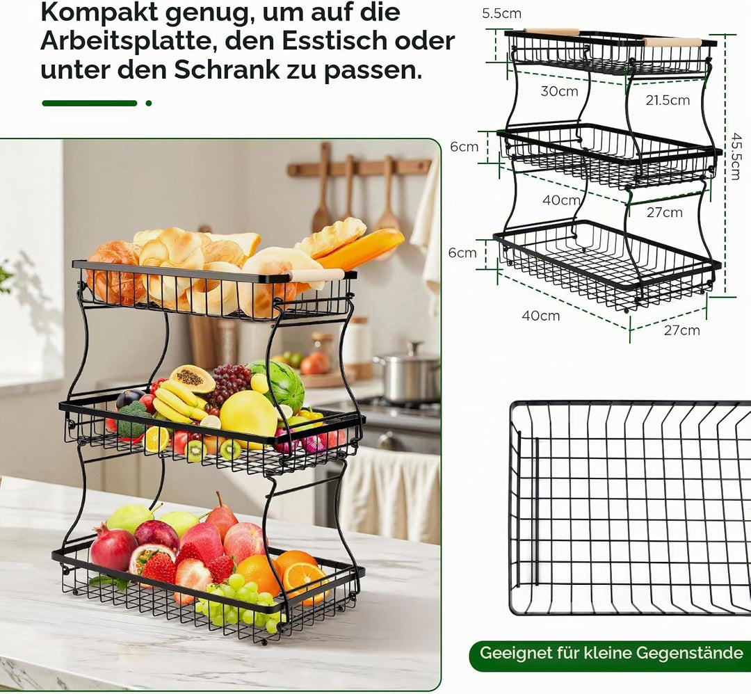 VINATO Obstschale, 3-stöckige Moderner Obstkorb mit Holzgriffen, für Küche, Bad &amp; Mehr – Ideal für O