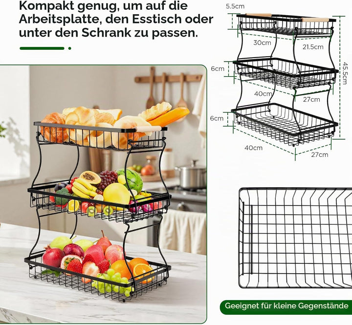 VINATO Obstschale, 3-stöckige Moderner Obstkorb mit Holzgriffen, für Küche, Bad &amp; Mehr – Ideal für O