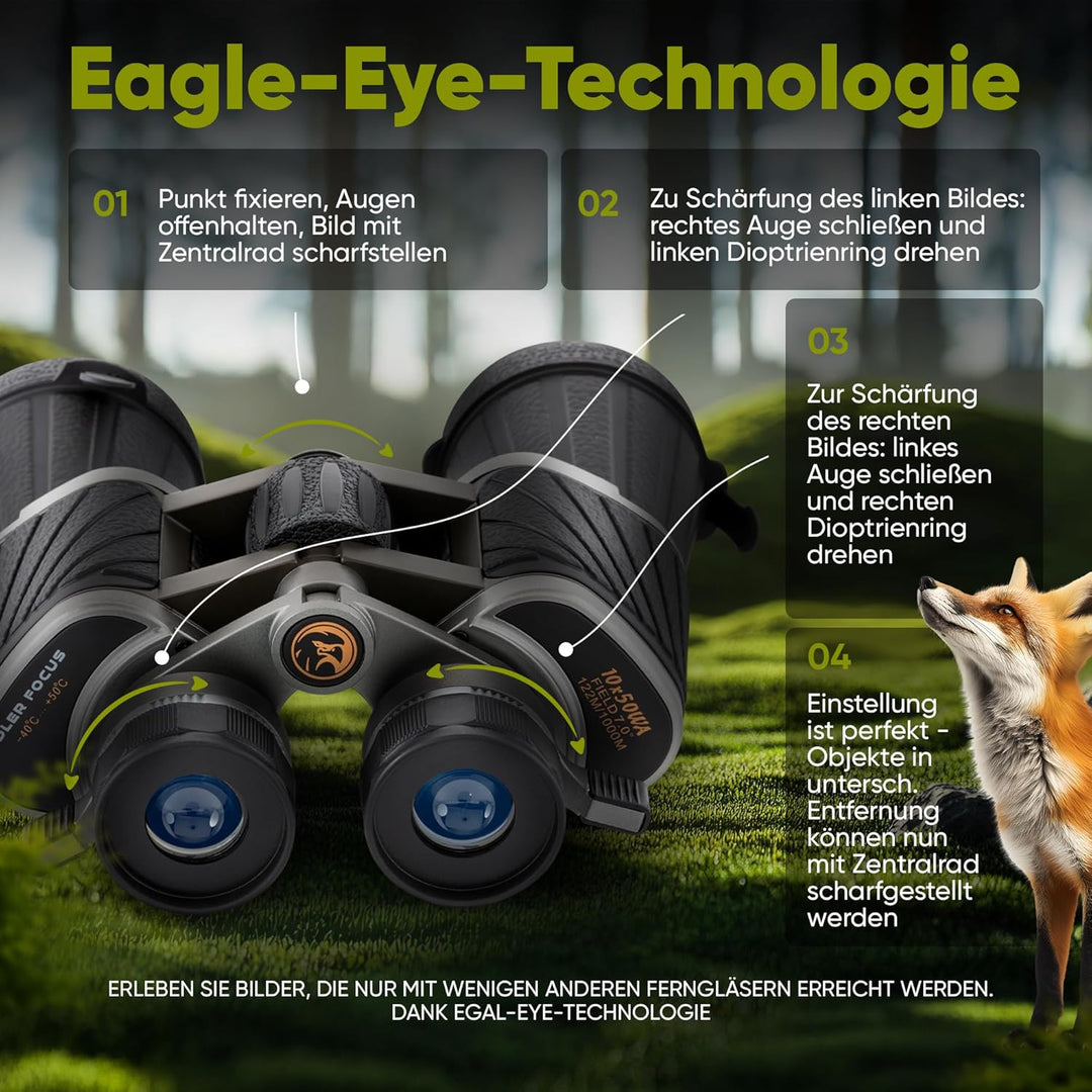 Adler Focus Fernglas 10x50, Testsieger für Erwachsene, Eagle-Eye-Technologie, 22mm HD Augenmuschel,