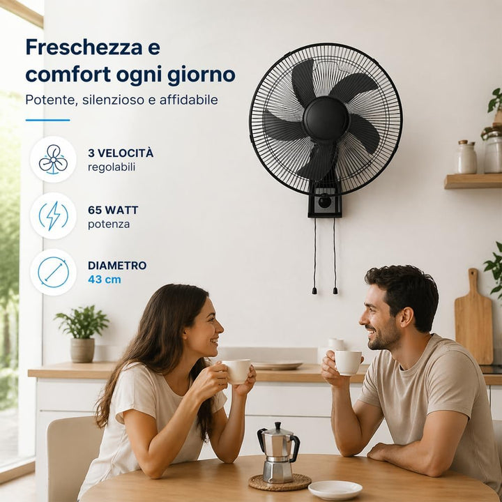 BAKAJI Wandventilator mit Gitter von 43 cm, 3 wählbare Geschwindigkeitsstufen, 5 Flügel, 65 Watt Lei