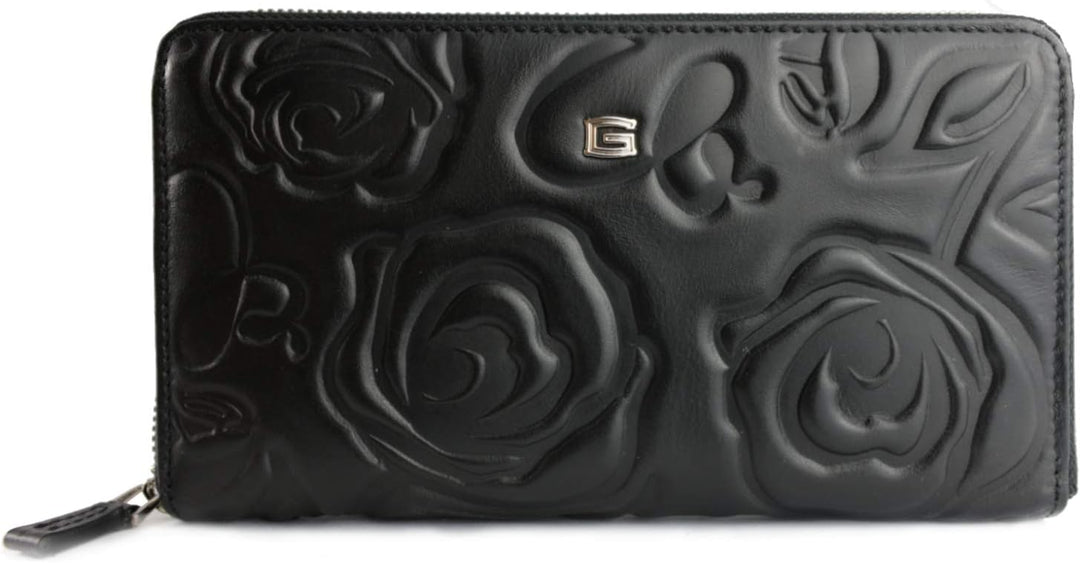 Giudi ® Geldbörse Damen Blumenprägung Schwarz Gross Echtleder Mit Vielen Fächern Schwarz, Schwarz