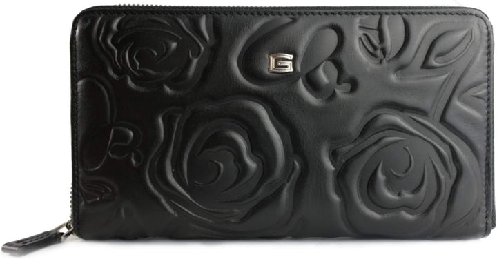 Giudi ® Geldbörse Damen Blumenprägung Schwarz Gross Echtleder Mit Vielen Fächern Schwarz, Schwarz