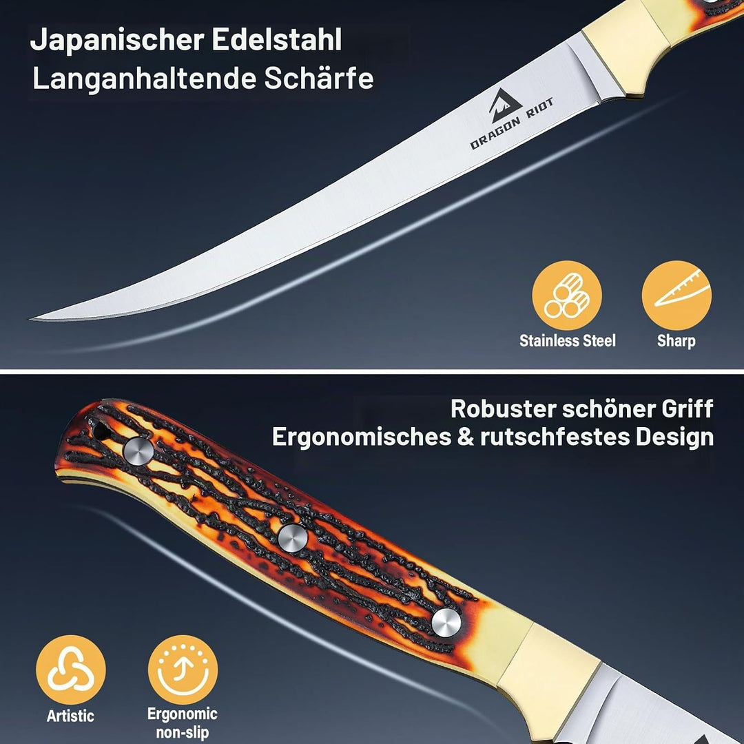 DRAGON RIOT Filetiermesser Fisch, 15.3 CM Fishing Edelstahl Fischmesser mit Anti-Rutsch-Griff，Ausbei