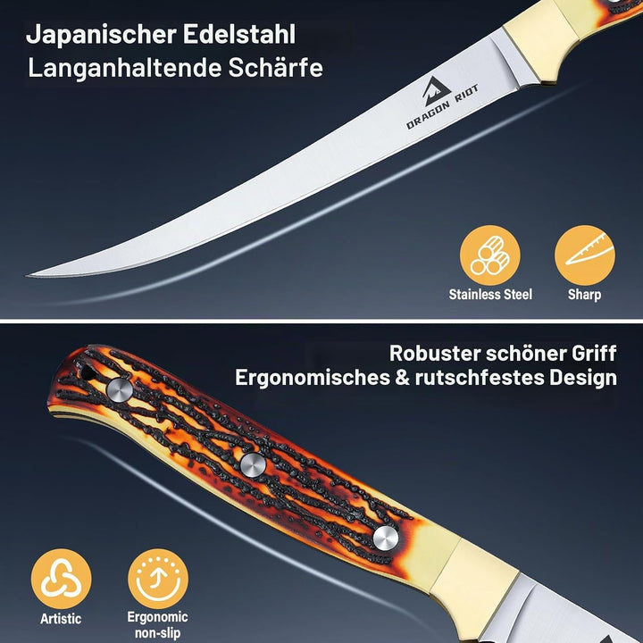 DRAGON RIOT Filetiermesser Fisch, 15.3 CM Fishing Edelstahl Fischmesser mit Anti-Rutsch-Griff，Ausbei