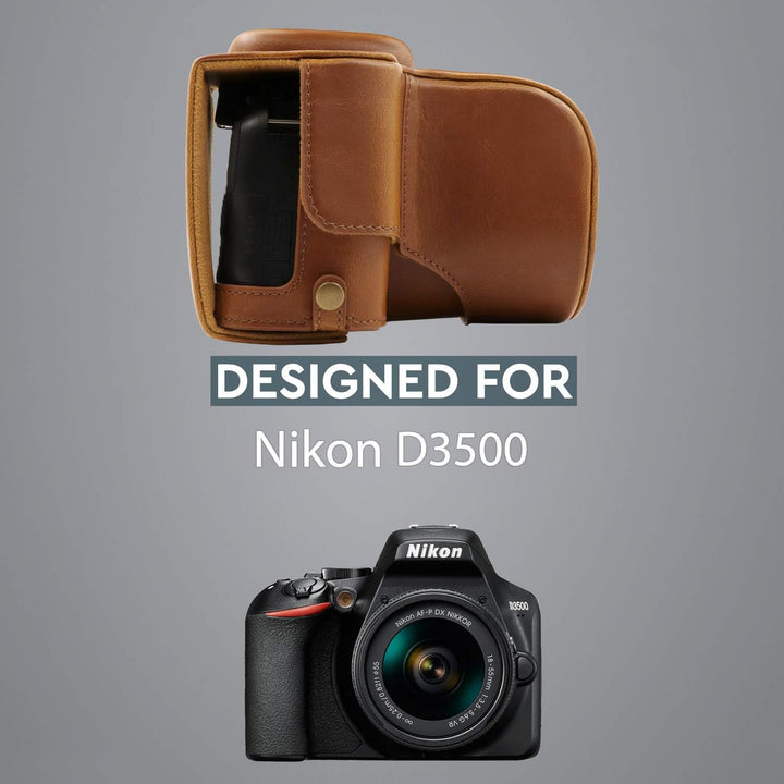 MegaGear MG1537 Nikon D3500 Ever Ready Leder Kamera-Case mit Trageriemen - Hellbraun, Hellbraun
