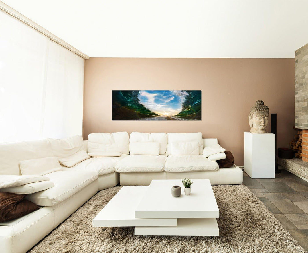 Paul Sinus Art Panoramabild auf Leinwand und Keilrahmen 150x50cm Meer Wellen Wasserteilung Sonne