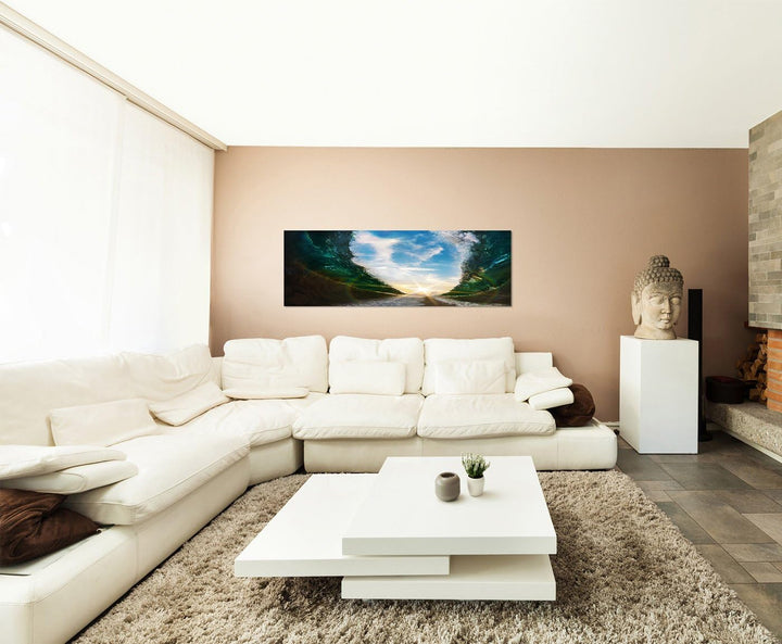 Paul Sinus Art Panoramabild auf Leinwand und Keilrahmen 150x50cm Meer Wellen Wasserteilung Sonne
