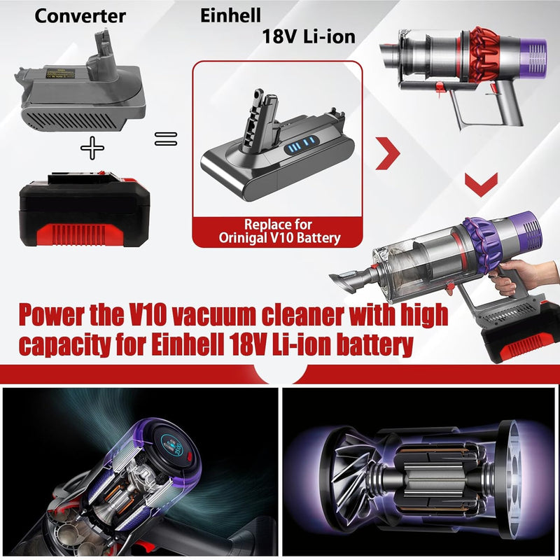 JJXNDO für Dyson V10 Akku Ersatz, V10 Adapter für Einhell 18V Li-Ionen Akku Power X-Change Konverter