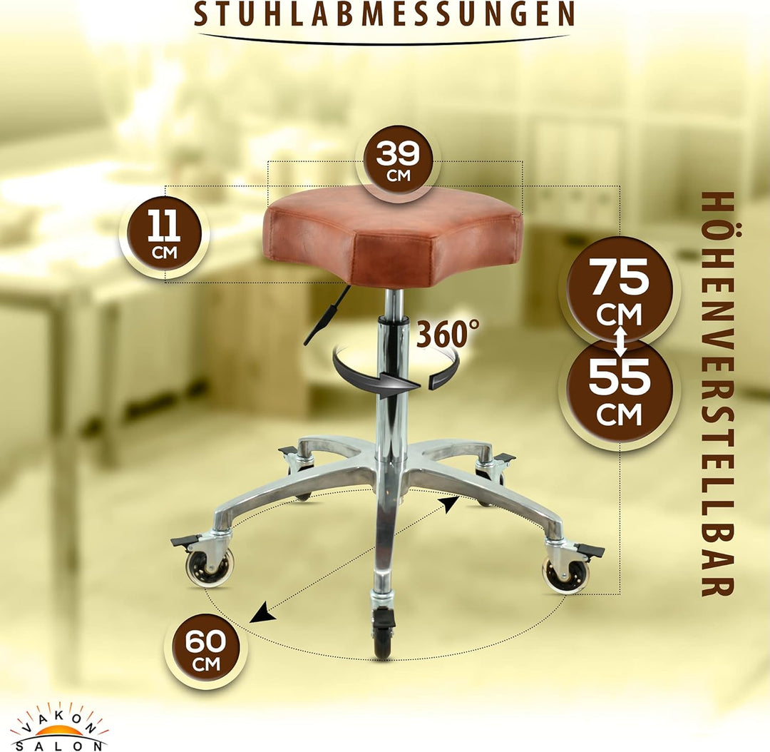 Ergonomischer Rollhocker in Hellbraun - Premium Rollen mit Bremse - Höhenverstellbarer von 55-75 cm