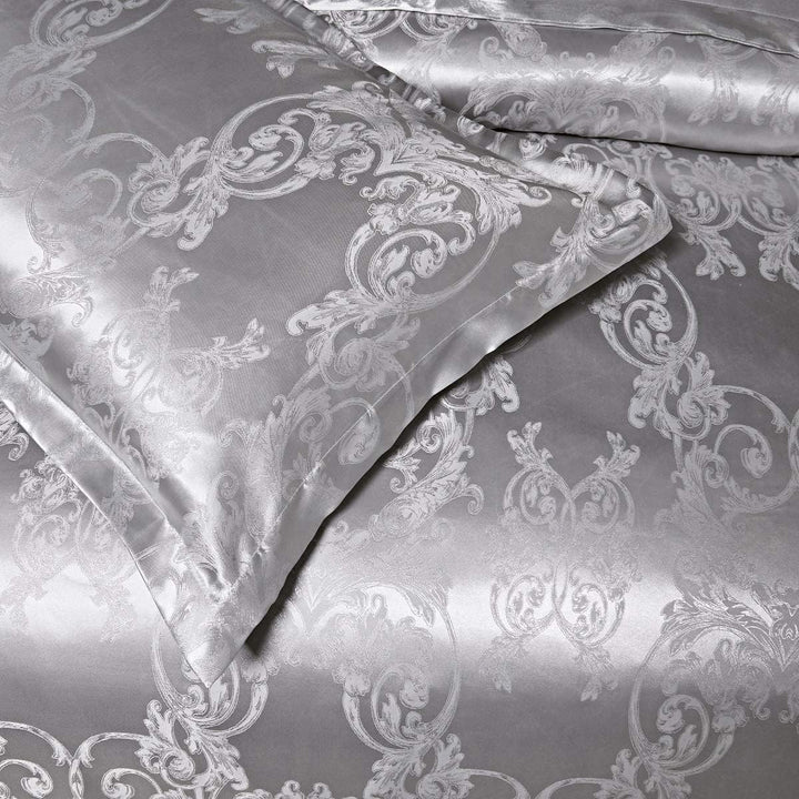DXHOME Bettwäsche Satin 155x220 cm 3teilig Jacquard Silber Wendebettwäsche mit Dunkelgrün Blumen Rom
